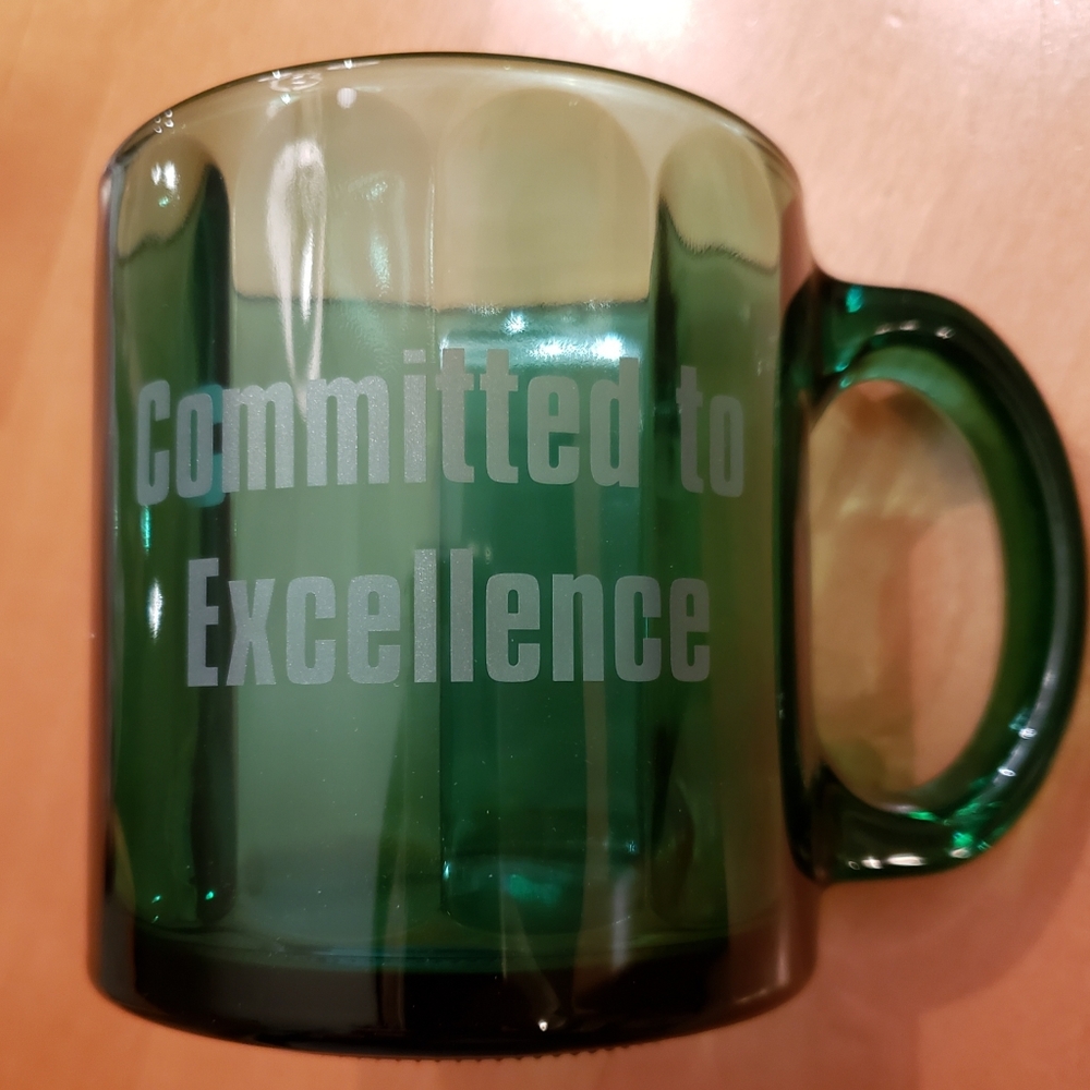 Green Glass Mug "Committed to Excellence"